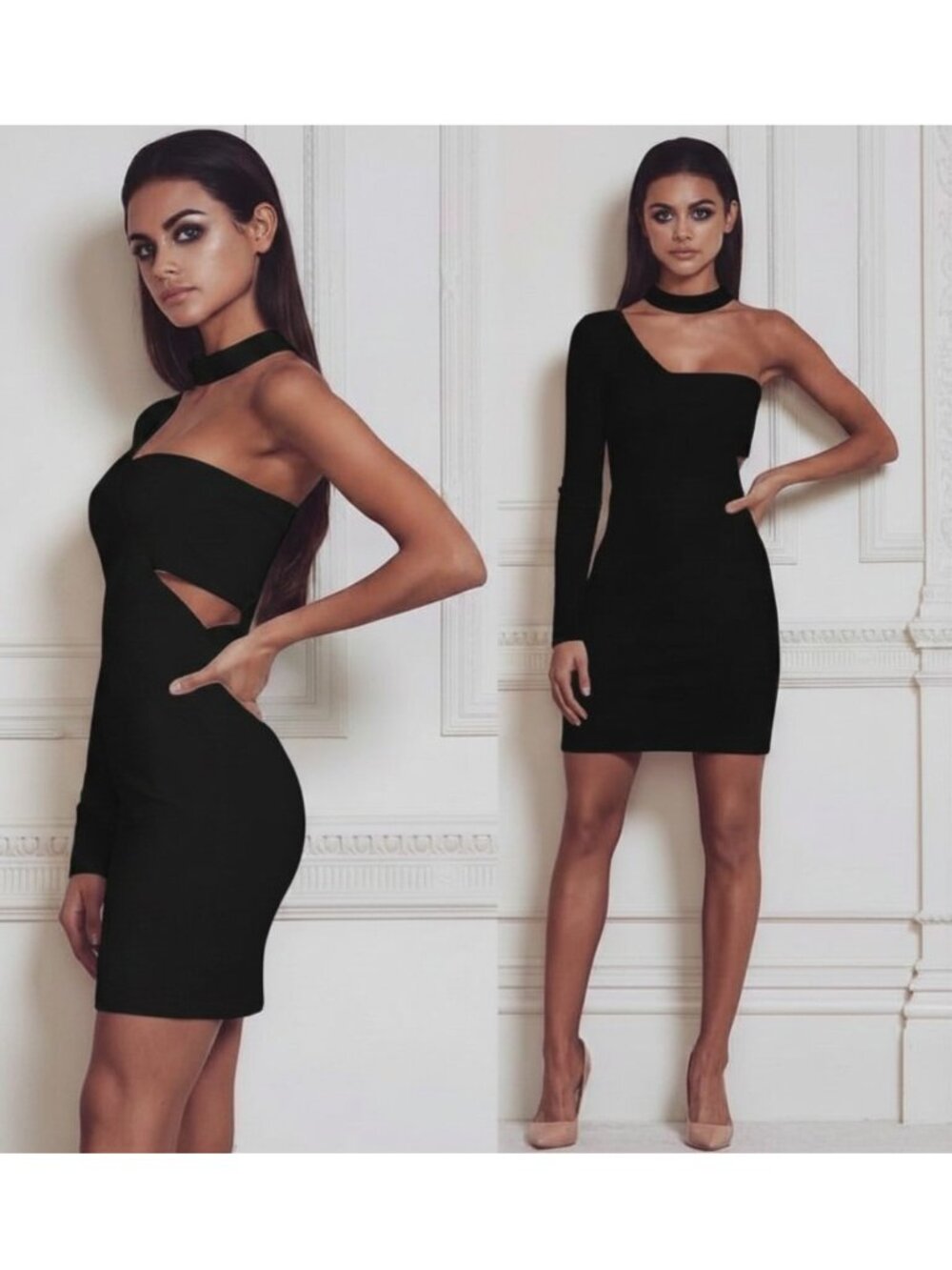 Meshki Black Mona Choker Dress - One Sleeve Sexy Little Black Dress - MED